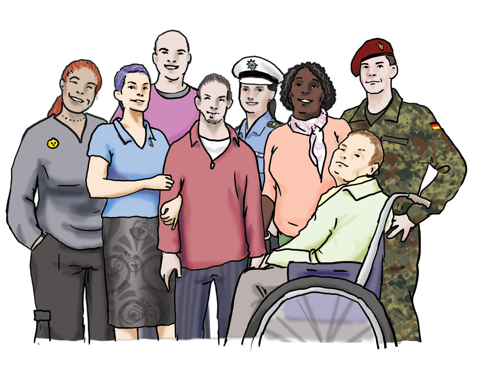 Grafik: Menschen in Uniform und Menschen mit Behinderung
